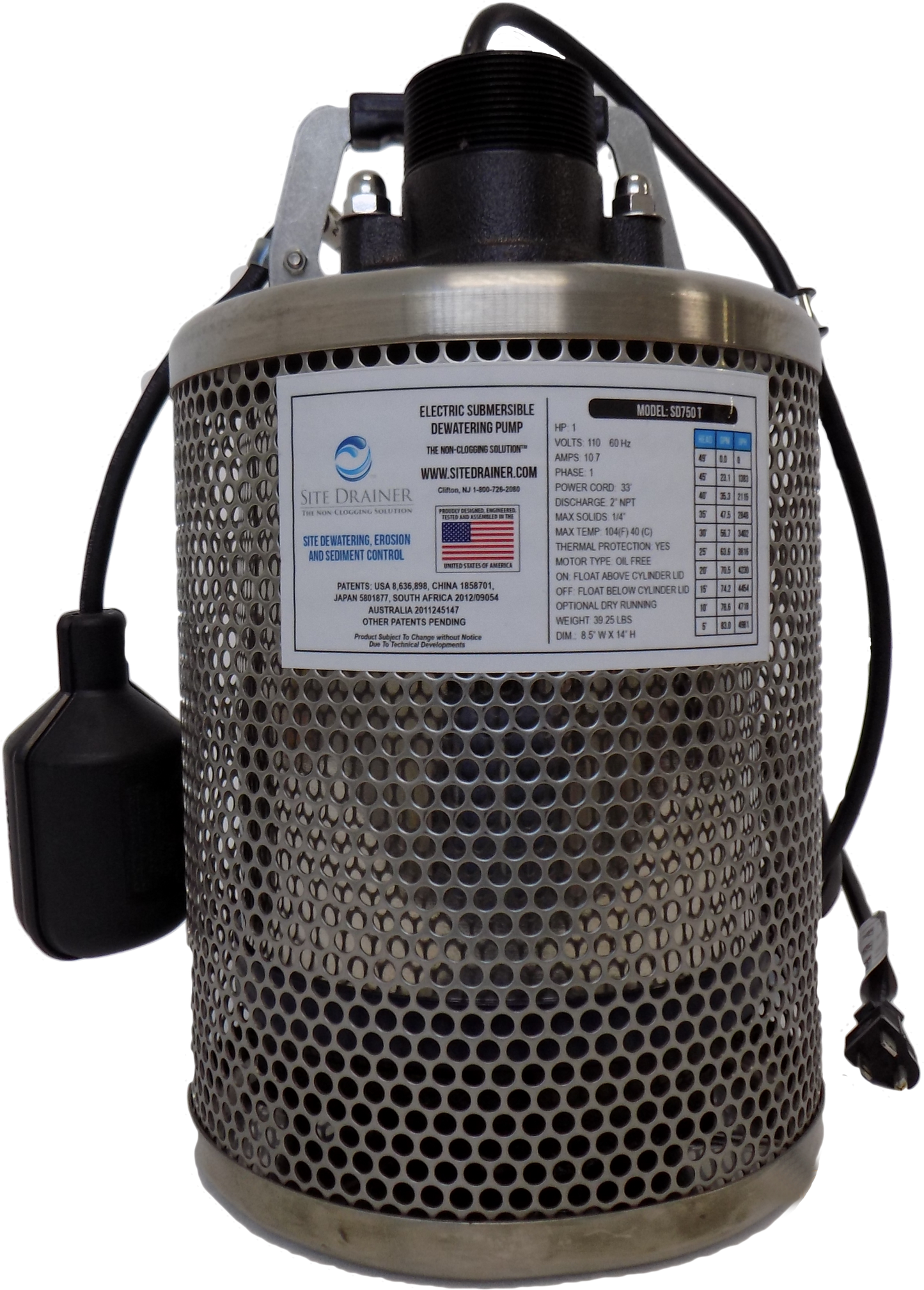 Water Drainer SD 750 T 1Hp Stainless Steel Submersible Dewatering Pump / Sump Pump, Non Clogging Stainless Steel Screen and Tethered Float